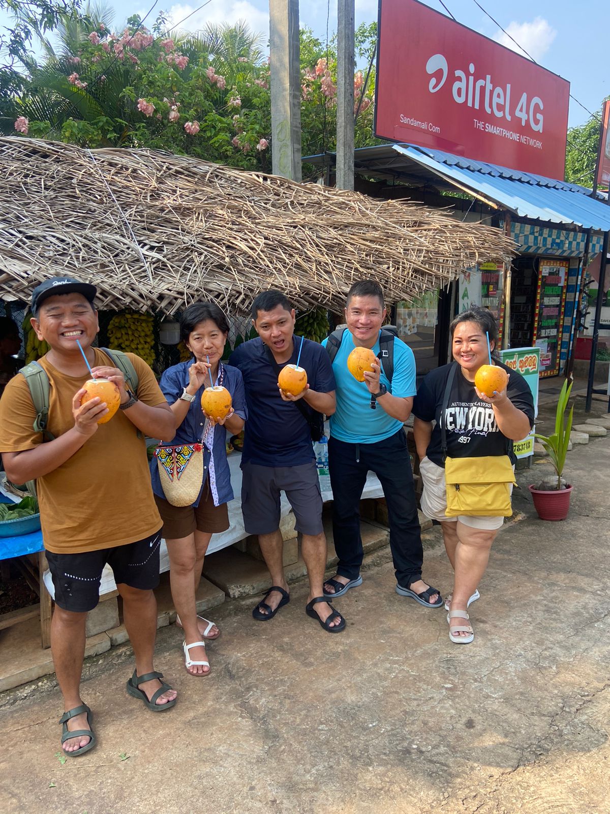 Travellers gathered at a roadside refreshment stop