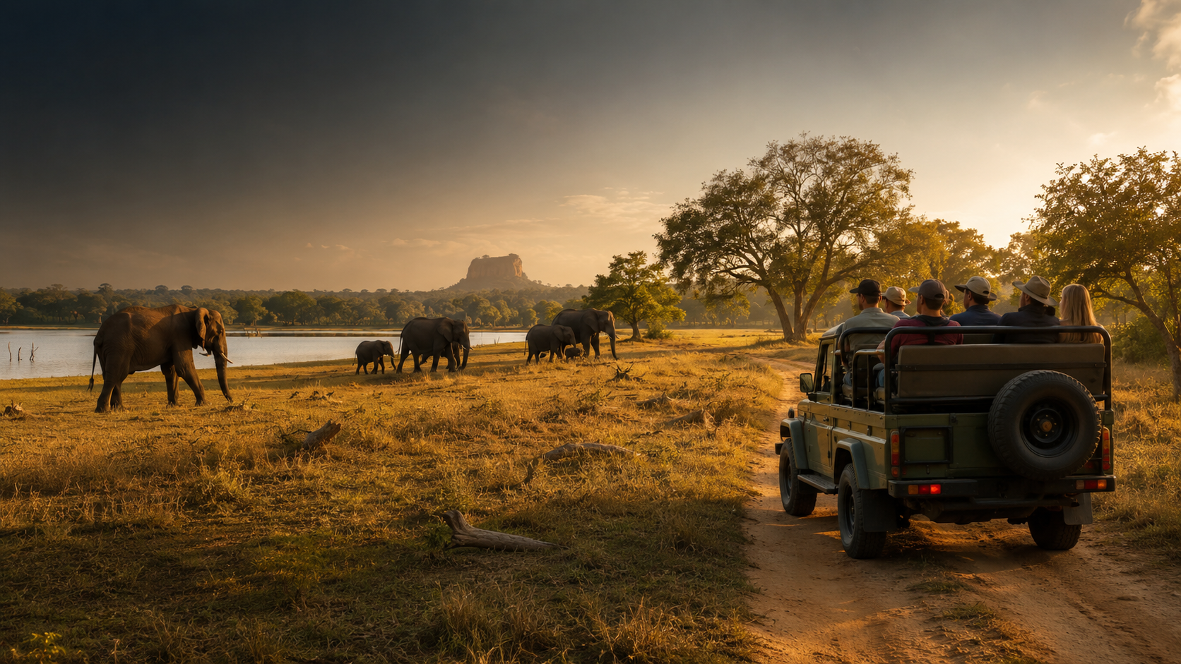 Elephants in a green Sri Lankan wilderness landscape